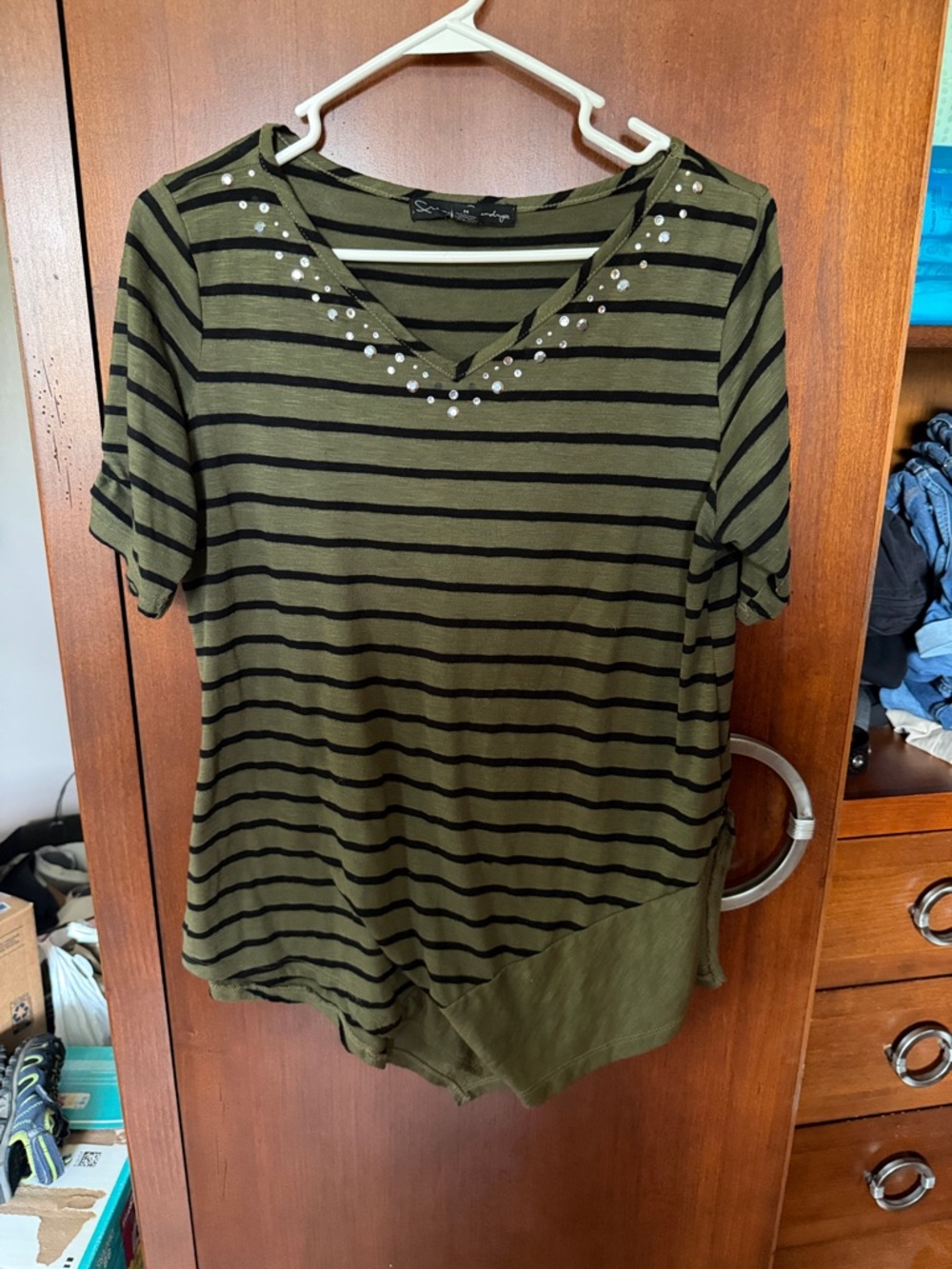 French Laundry Olive & Black Striped V-Neck Tee with Silver Studs